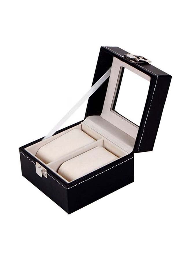 صندوق مصنوع من الجلد الصناعي لتخزين الساعات وتنظيمها مزود بفتحتين وغطاء علوي زجاجي لسهولة العرض - Image 1