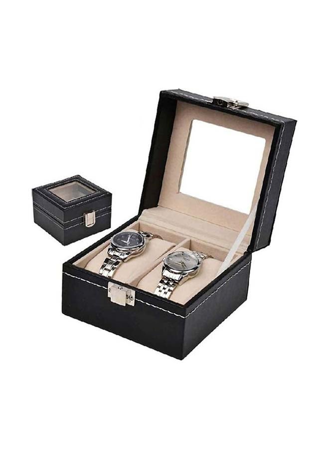 صندوق مصنوع من الجلد الصناعي لتخزين الساعات وتنظيمها مزود بفتحتين وغطاء علوي زجاجي لسهولة العرض - Image 2
