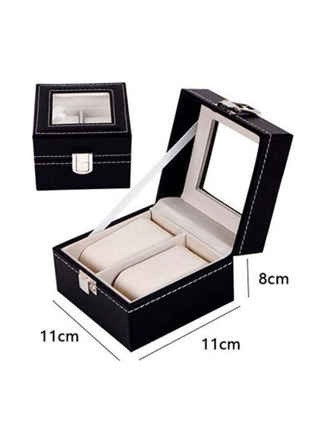 صندوق مصنوع من الجلد الصناعي لتخزين الساعات وتنظيمها مزود بفتحتين وغطاء علوي زجاجي لسهولة العرض - Image 3