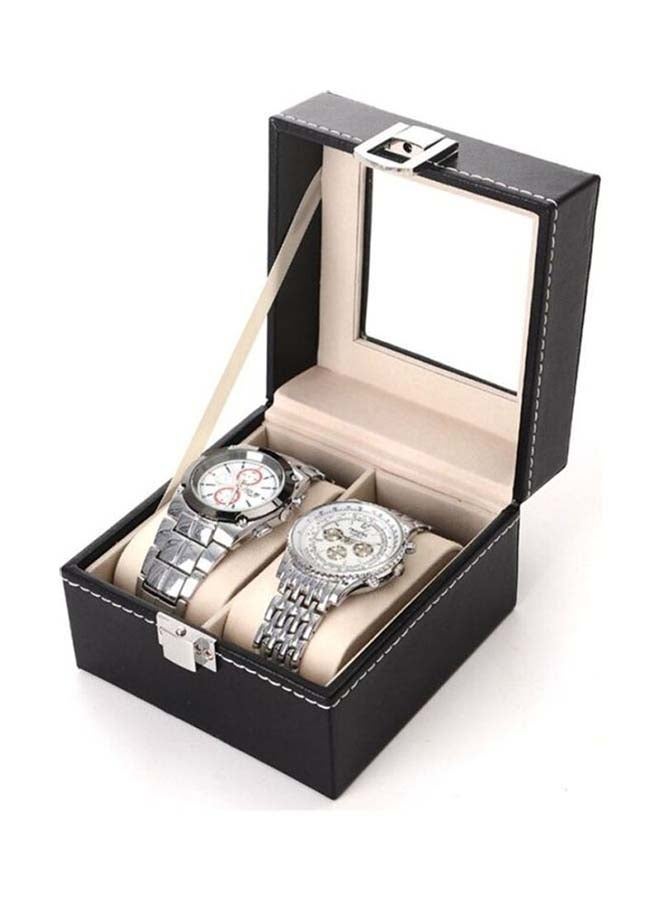 صندوق مصنوع من الجلد الصناعي لتخزين الساعات وتنظيمها مزود بفتحتين وغطاء علوي زجاجي لسهولة العرض - Image 4