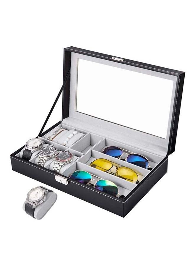 Generic 6 Watch Box Jewelry Case And 3 Slots Sunglasses PU Leather Top Glass Display Case Organizer  - Image 2