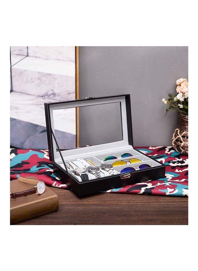 Generic 6 Watch Box Jewelry Case And 3 Slots Sunglasses PU Leather Top Glass Display Case Organizer  - Image 3
