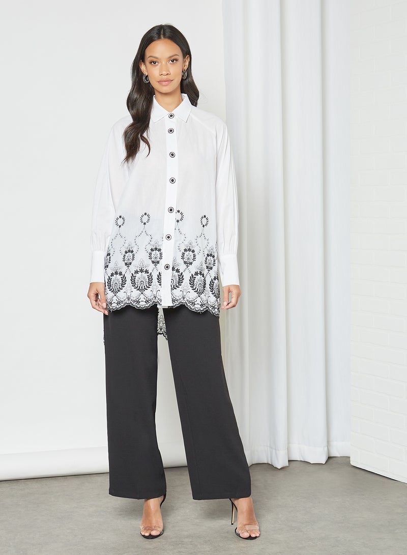 sister jane - Embroidered Longline Shirt Black/White - Image 1