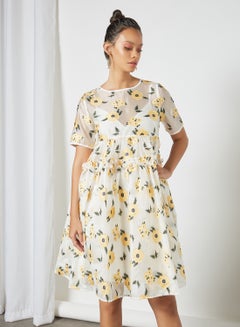 sister jane Floral Flare Hem Dress Ivory  - Image 1