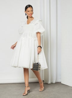 sister jane Puff Sleeve Ruffle Midi Dress Ivory  - Image 3