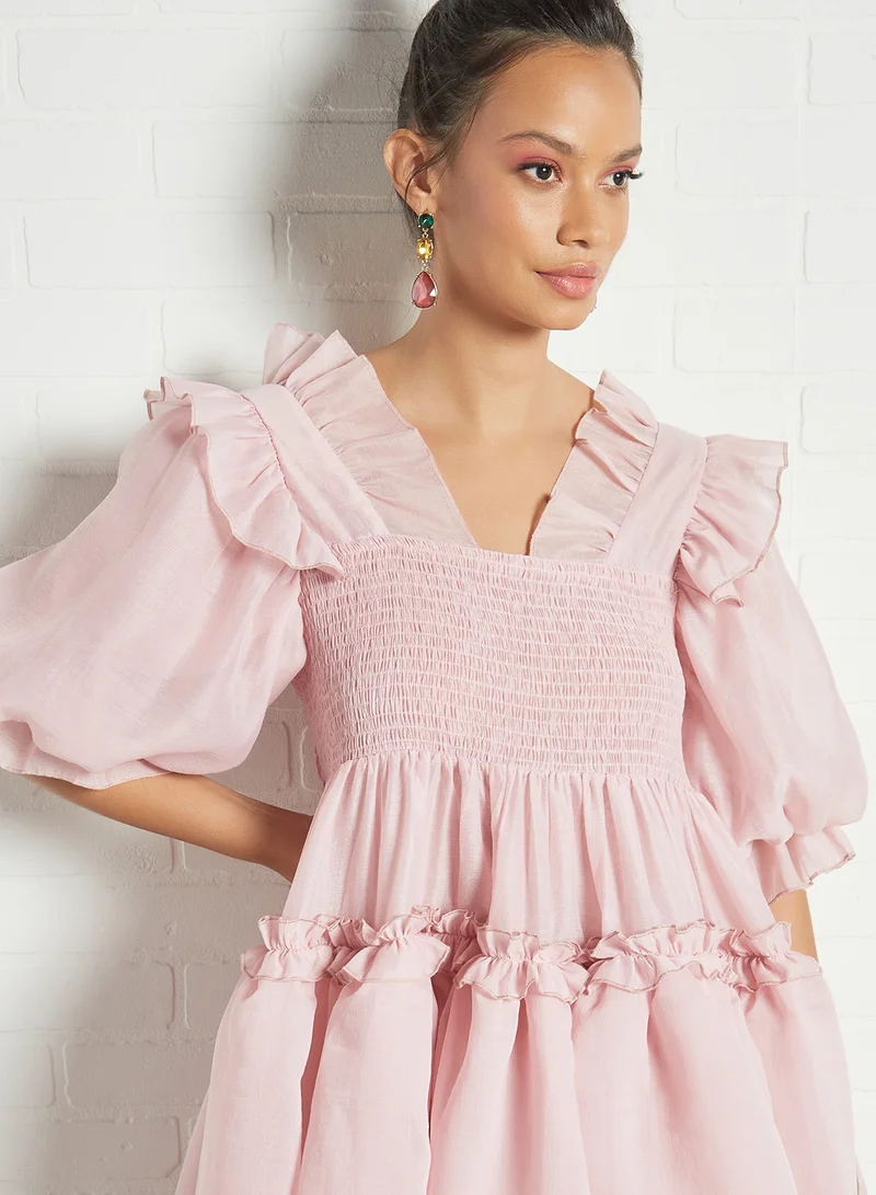 sister jane Puff Sleeve Smocked Dress Pink