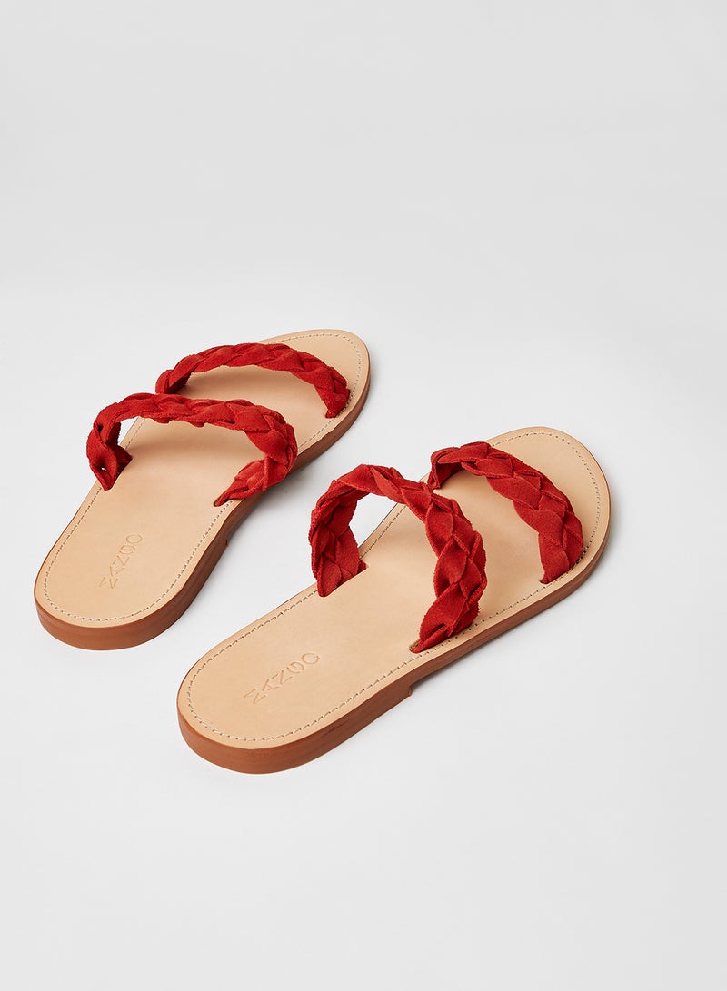 MANGO - Braided Strap Flat Sandals Red - Image 1