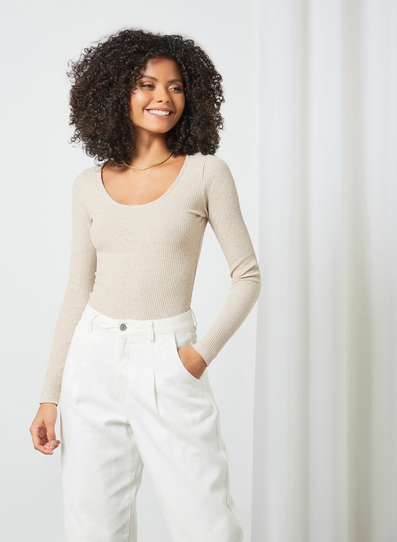 مانجو بودي سوت مخطط وبأكمام طويلة بيج - Image 1