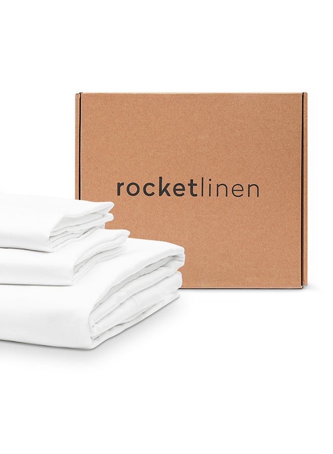 rocketlinen 3-Piece 400 Thread Count Bed Sheet Set Single Bed Size Twin Pure Cotton White - Image 1
