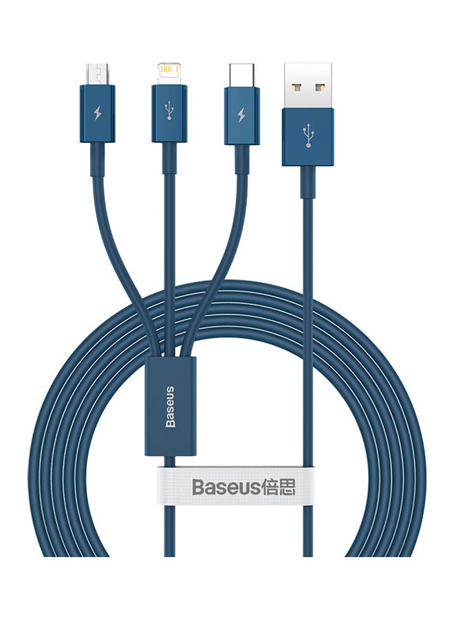 Baseus 3 in 1 Multi Fast Charging Cable, Compatible with iPhone/Type C/Micro USB Connector for iPhone, iPad, Micro USB, Type C Smartphones, Supports Fast Charging, Smart 3 Port Charging Cable Blue - Image 1