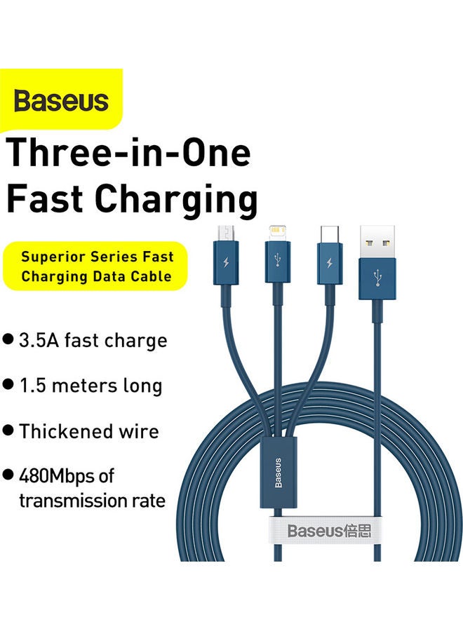 Baseus 3 in 1 Multi Fast Charging Cable, Compatible with iPhone/Type C/Micro USB Connector for iPhone, iPad, Micro USB, Type C Smartphones, Supports Fast Charging, Smart 3 Port Charging Cable Blue - Image 3