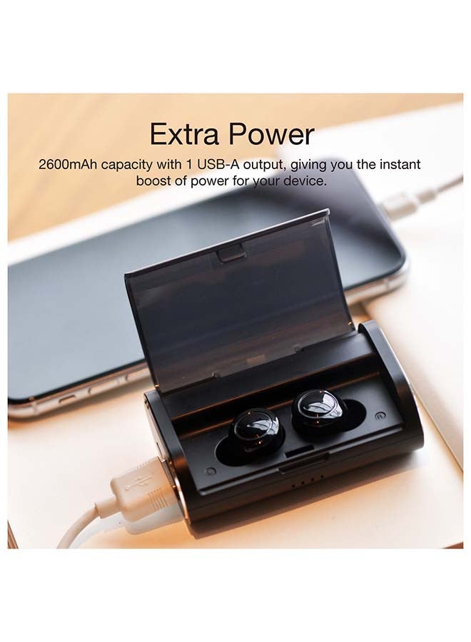 Ultimate TWS Noise Cancellation Earbuds with 2600 mAh Charging Case, 60plus Hours Usage Time, 4plus hours Playing Time, IPX5 Water Resistance, Dual-Driver - HD Audio Quality, Touch Control, Bluetooth 5.0, 2600 mAh Power Bank with USB-A Output Black