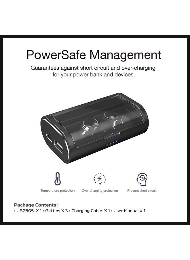 Ultimate TWS Noise Cancellation Earbuds with 2600 mAh Charging Case, 60plus Hours Usage Time, 4plus hours Playing Time, IPX5 Water Resistance, Dual-Driver - HD Audio Quality, Touch Control, Bluetooth 5.0, 2600 mAh Power Bank with USB-A Output Black
