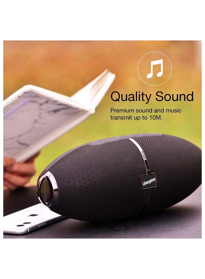Ultimate PowerSound Bluetooth Speaker with Built-in Power Bank, HD Sound Clarity, 10m Transmission Range, Microphone, FM, Universal Compatibility- Bluetooth/ microSD Card/ USB Drive/ AUX, Rugby Shaped Design, Carrying Strap Black