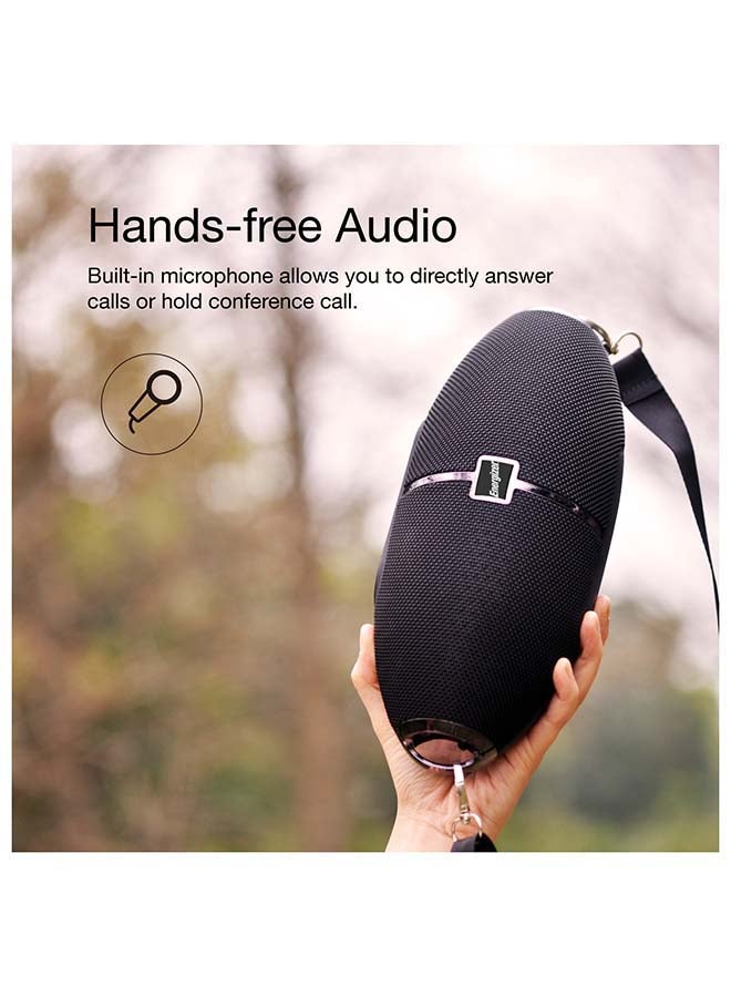 Ultimate PowerSound Bluetooth Speaker with Built-in Power Bank, HD Sound Clarity, 10m Transmission Range, Microphone, FM, Universal Compatibility- Bluetooth/ microSD Card/ USB Drive/ AUX, Rugby Shaped Design, Carrying Strap Black