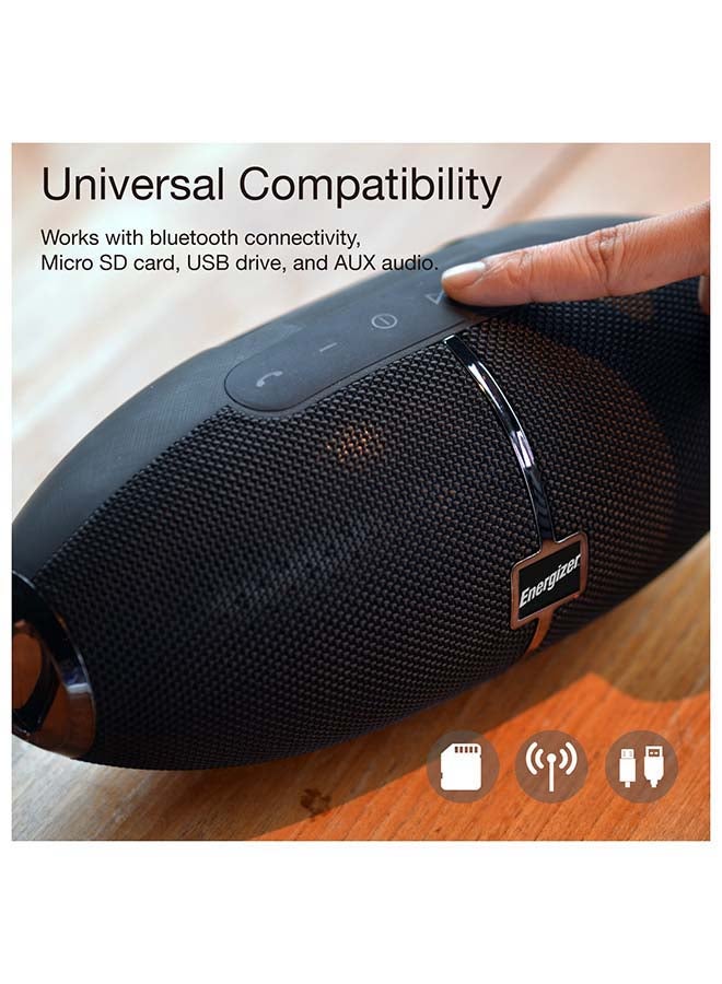 Ultimate PowerSound Bluetooth Speaker with Built-in Power Bank, HD Sound Clarity, 10m Transmission Range, Microphone, FM, Universal Compatibility- Bluetooth/ microSD Card/ USB Drive/ AUX, Rugby Shaped Design, Carrying Strap Black