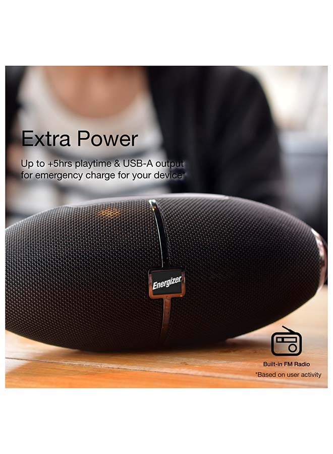 Ultimate PowerSound Bluetooth Speaker with Built-in Power Bank, HD Sound Clarity, 10m Transmission Range, Microphone, FM, Universal Compatibility- Bluetooth/ microSD Card/ USB Drive/ AUX, Rugby Shaped Design, Carrying Strap Black