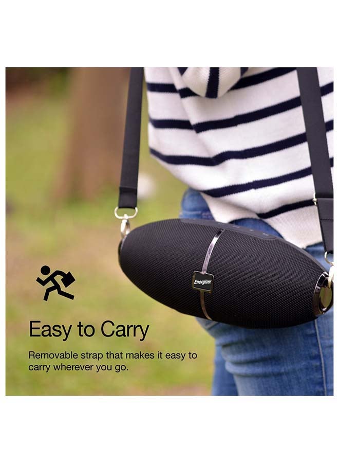 Ultimate PowerSound Bluetooth Speaker with Built-in Power Bank, HD Sound Clarity, 10m Transmission Range, Microphone, FM, Universal Compatibility- Bluetooth/ microSD Card/ USB Drive/ AUX, Rugby Shaped Design, Carrying Strap Black
