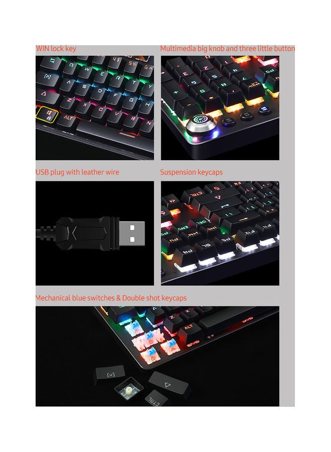 لوحة مفاتيح ميكانيكية سلكية بمنفذ USB مزودة بإضاءة LED أسود - Image 3
