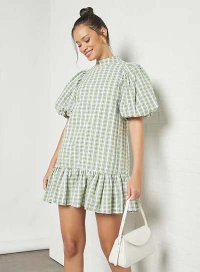 GHOSPELL Plaid Ruffle Mini Dress Green