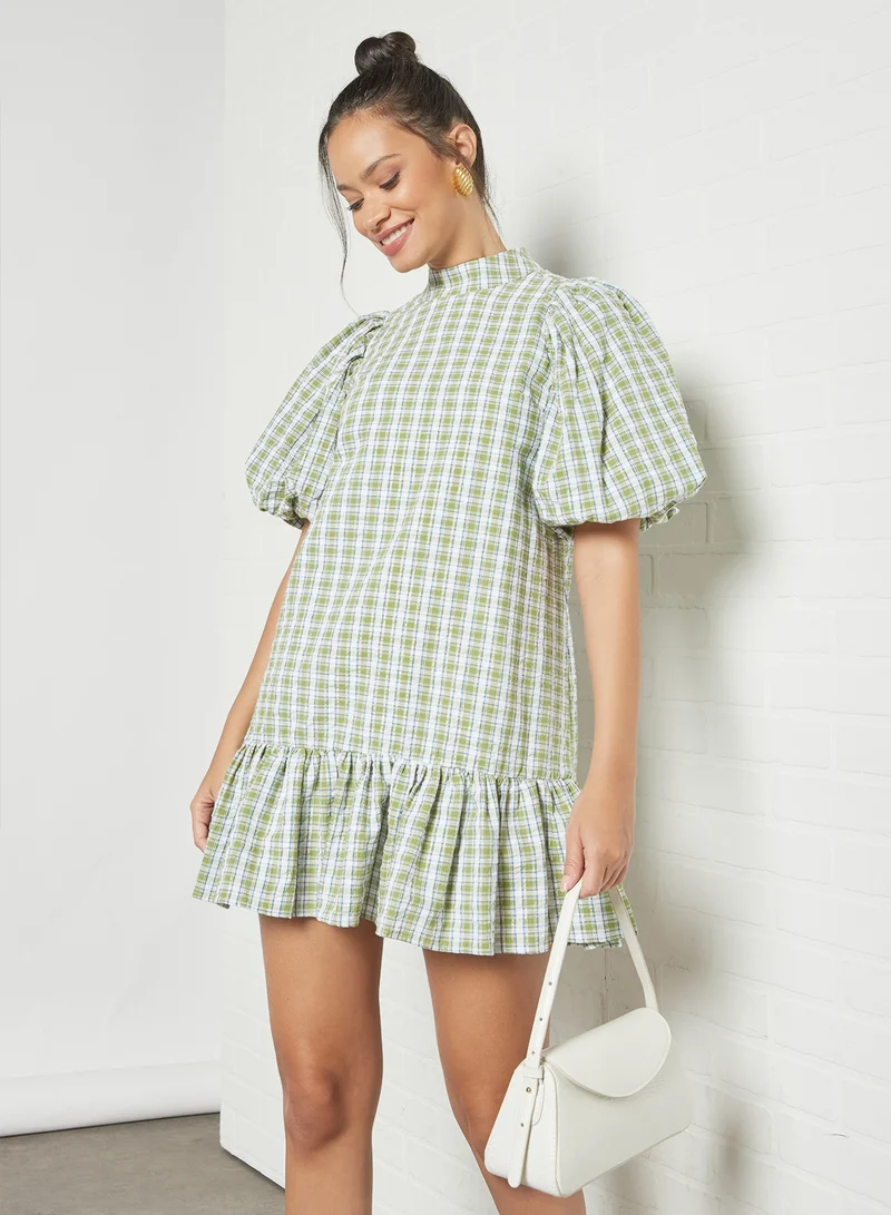 GHOSPELL Checked Ruffled Hem Dress