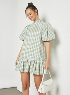 GHOSPELL Checked Ruffled Hem Dress Green  - Image 1