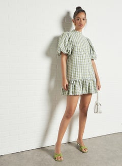 GHOSPELL Checked Ruffled Hem Dress Green  - Image 2