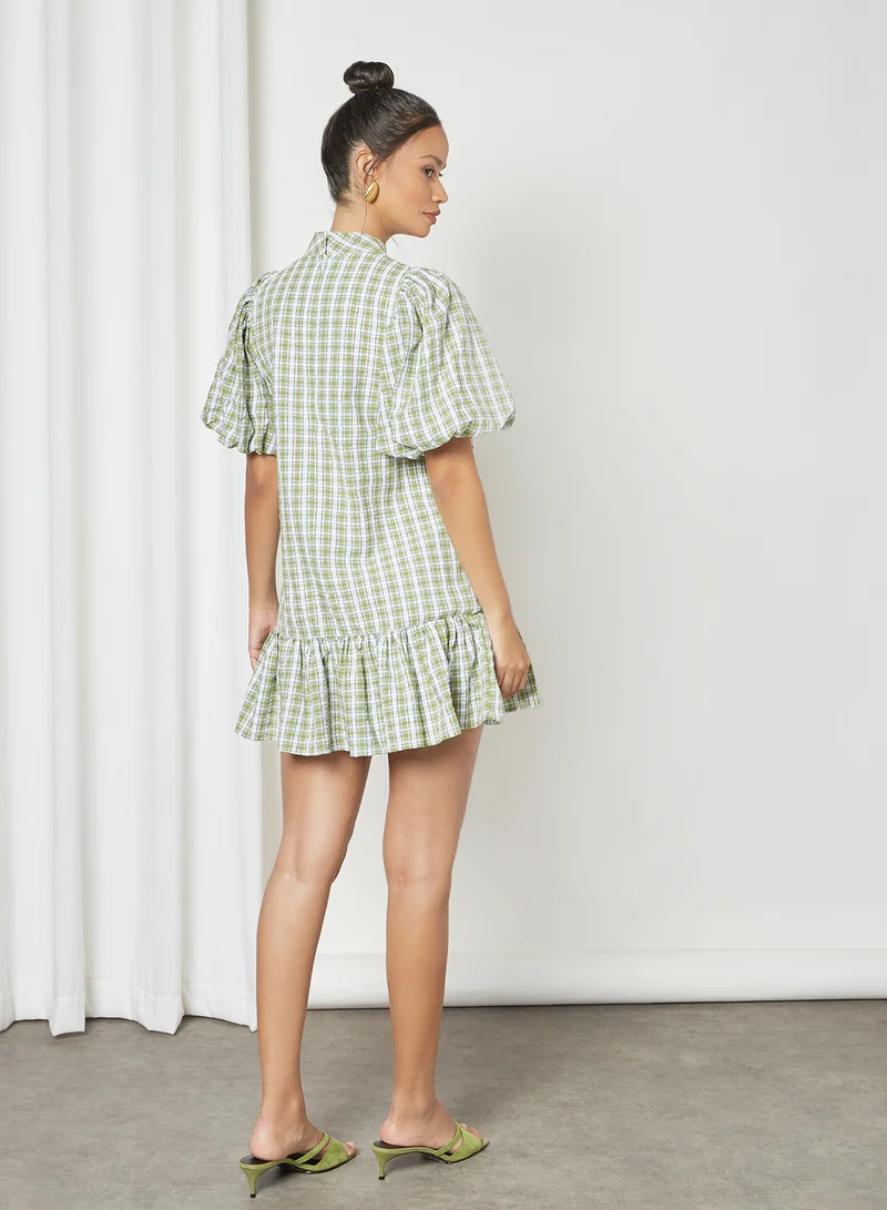 GHOSPELL Plaid Ruffle Mini Dress Green