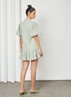 GHOSPELL Checked Ruffled Hem Dress Green  - Image 4