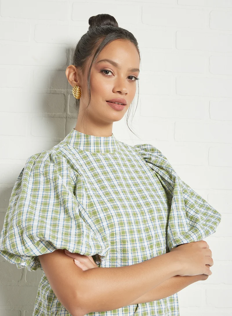 GHOSPELL Plaid Ruffle Mini Dress Green