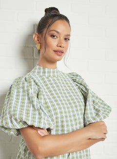 GHOSPELL Checked Ruffled Hem Dress Green  - Image 3