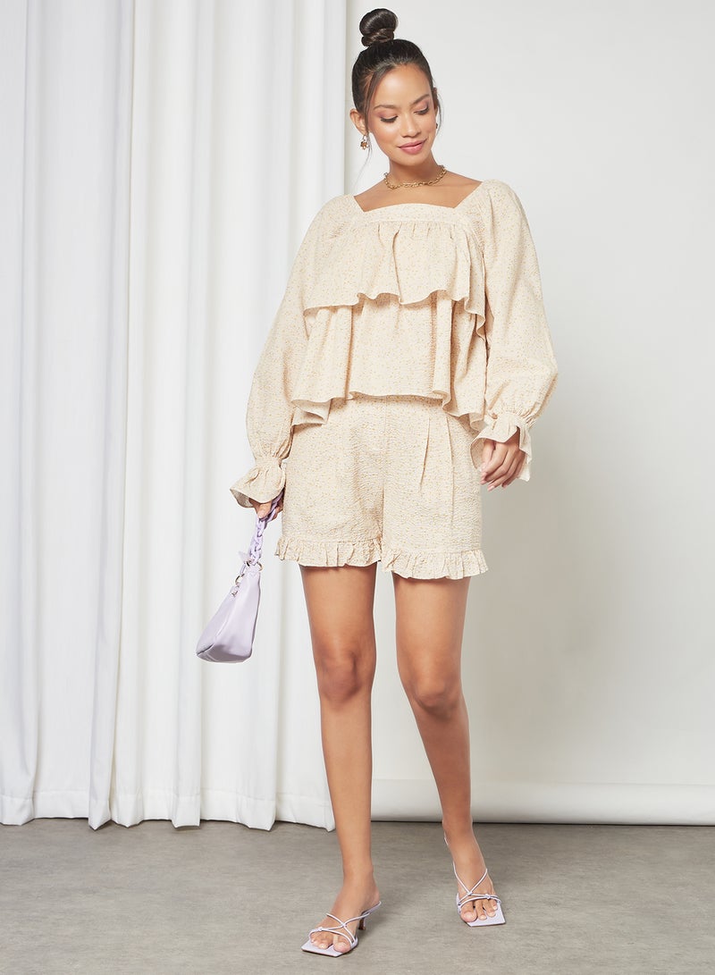 SELECTED FEMME - Floral Print Ruffle Hem Shorts Birch - Image 1