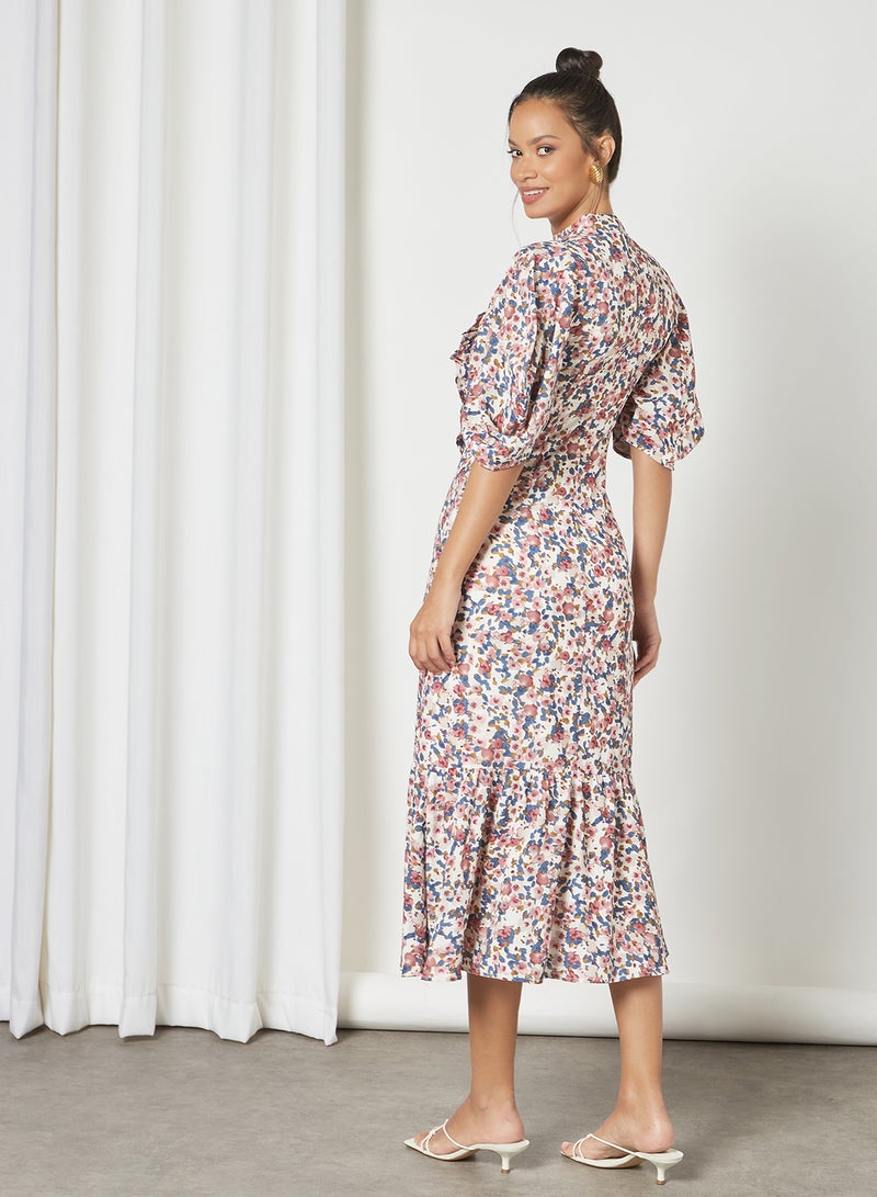 GHOSPELL - Puff Sleeve Floral Dress Multicolour - Image 1