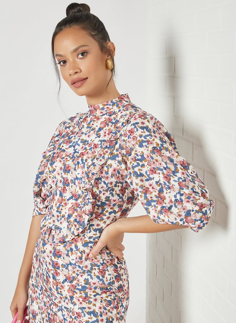 GHOSPELL - Puff Sleeve Floral Dress Multicolour - Image 1