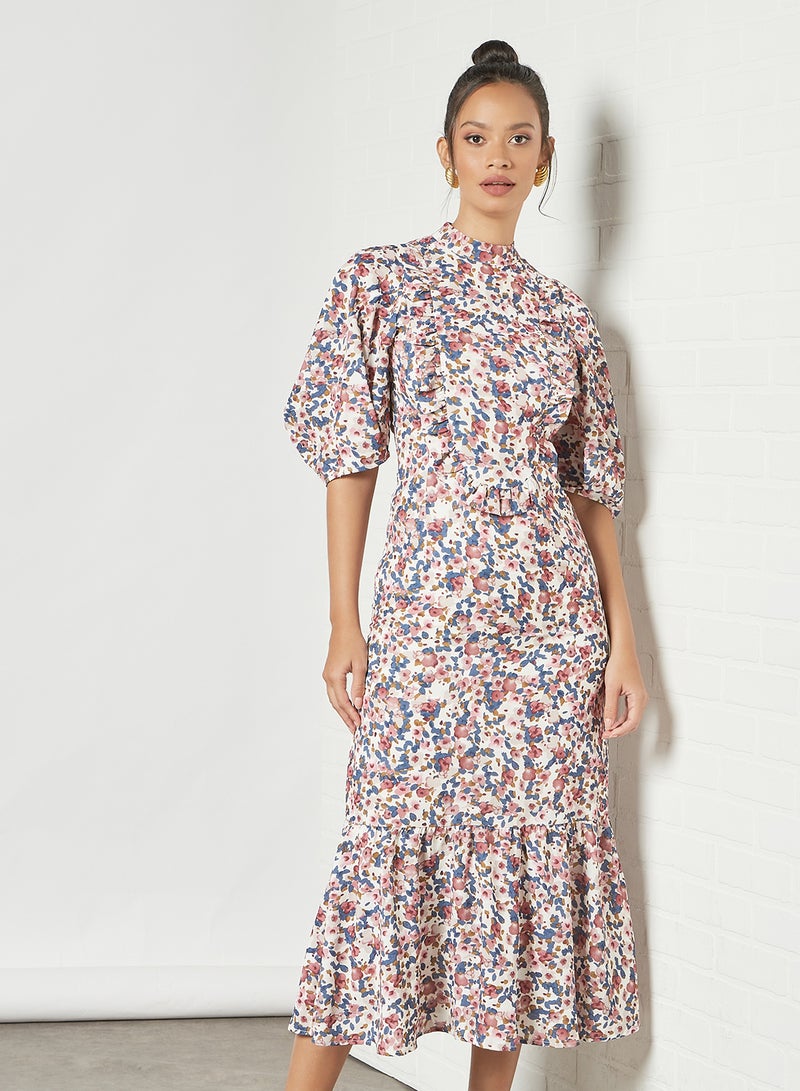 GHOSPELL - Puff Sleeve Floral Dress Multicolour - Image 1