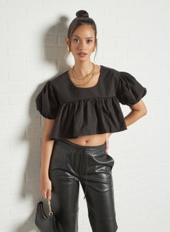 GHOSPELL Puffed Sleeve Crop Top Black  - Image 2