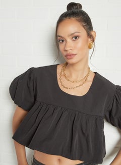 GHOSPELL Puffed Sleeve Crop Top Black  - Image 3