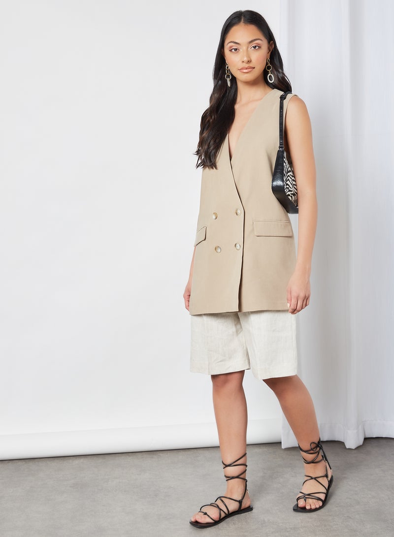 MANGO Double-Breasted Longline Blazer Brown - Image 3