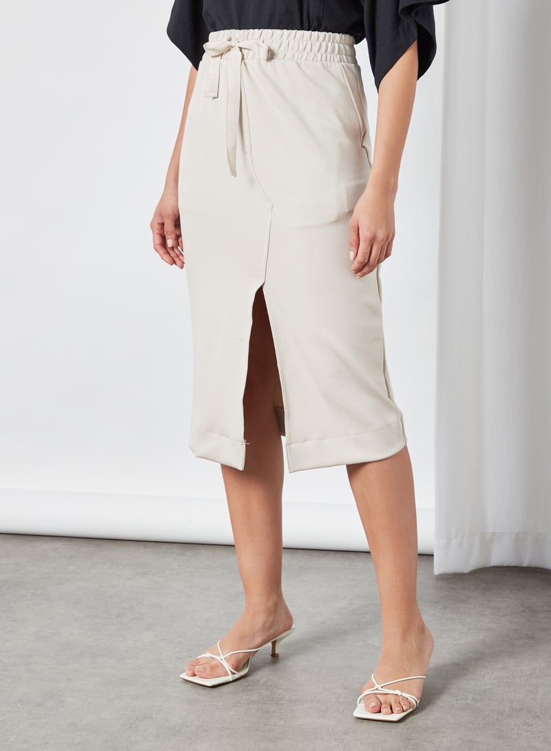 MANGO - Front Slit Midi Skirt Beige - Image 1