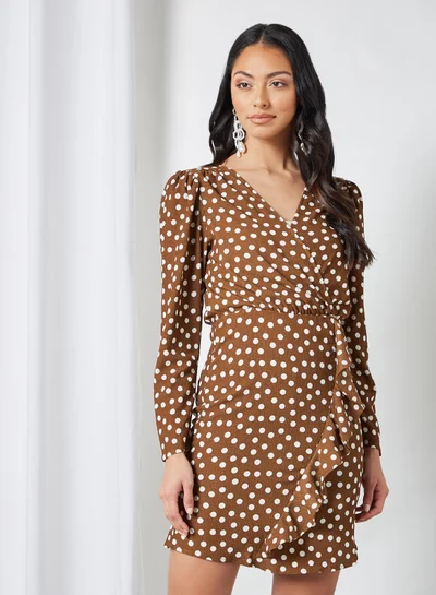 MANGO Ruffle Detailed Dress Brown