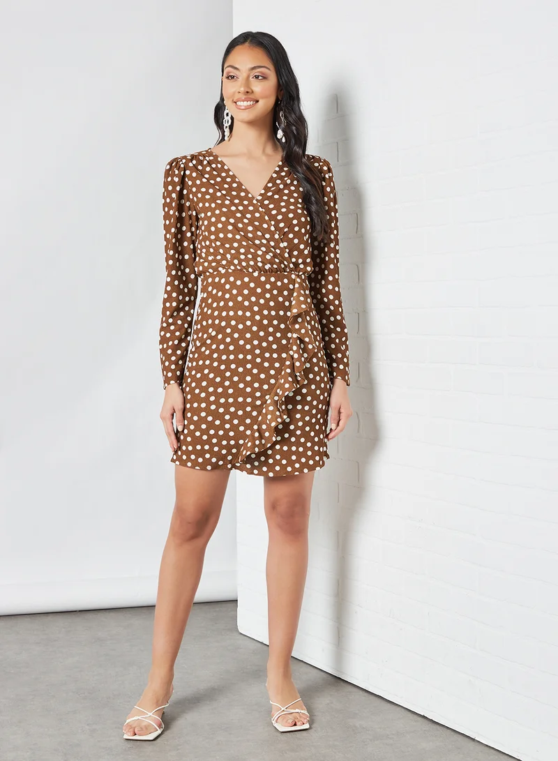 MANGO Ruffle Detailed Dress Brown