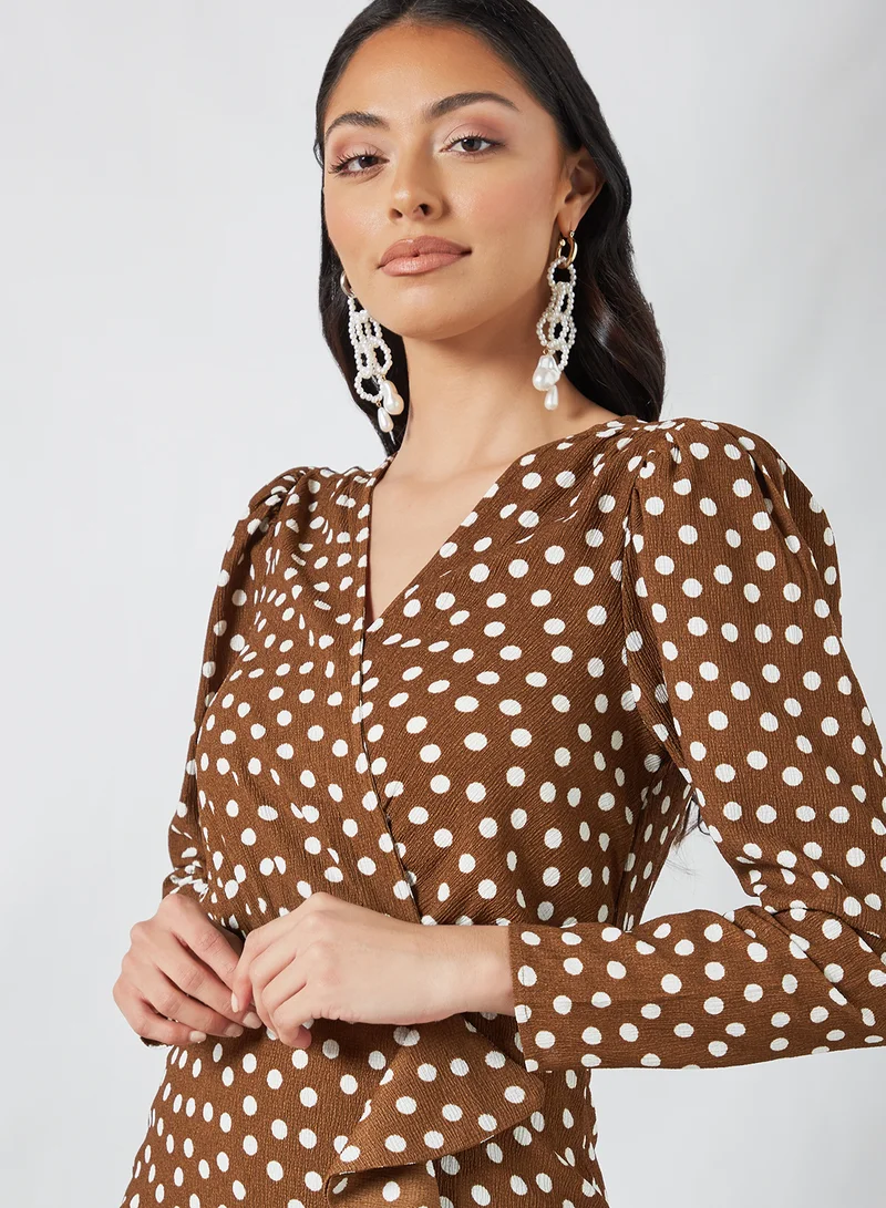 MANGO Ruffle Detailed Dress Brown