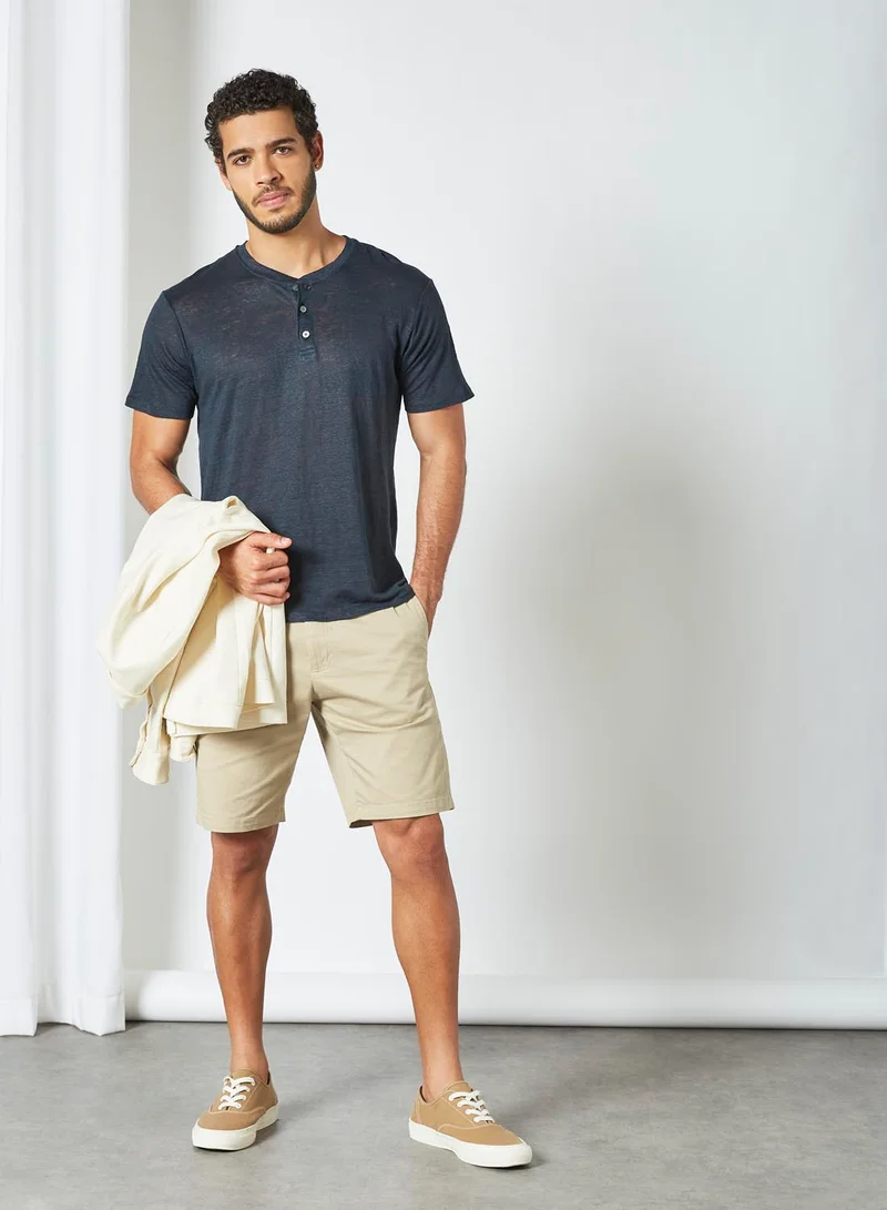 MANGO Linen Henley T-Shirt Navy