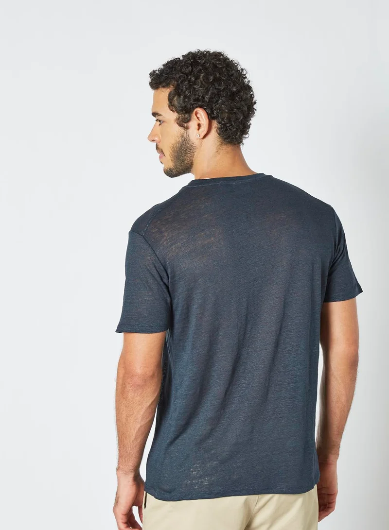 MANGO Linen Henley T-Shirt Navy