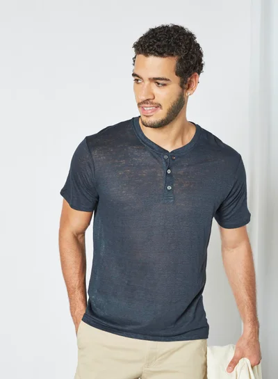 MANGO Linen Henley T-Shirt Navy