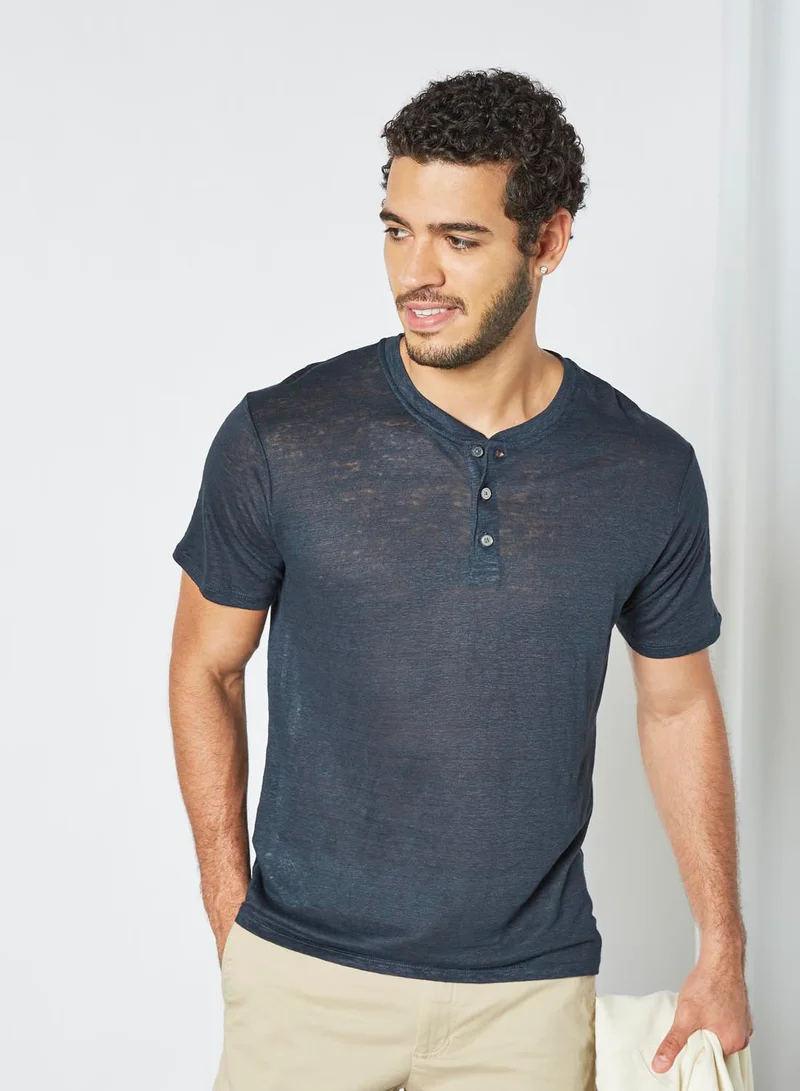 MANGO Linen Henley T-Shirt Navy