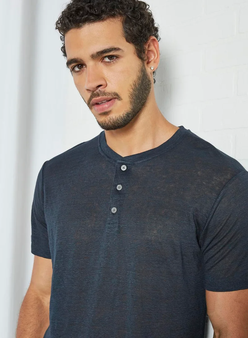 MANGO Linen Henley T-Shirt Navy