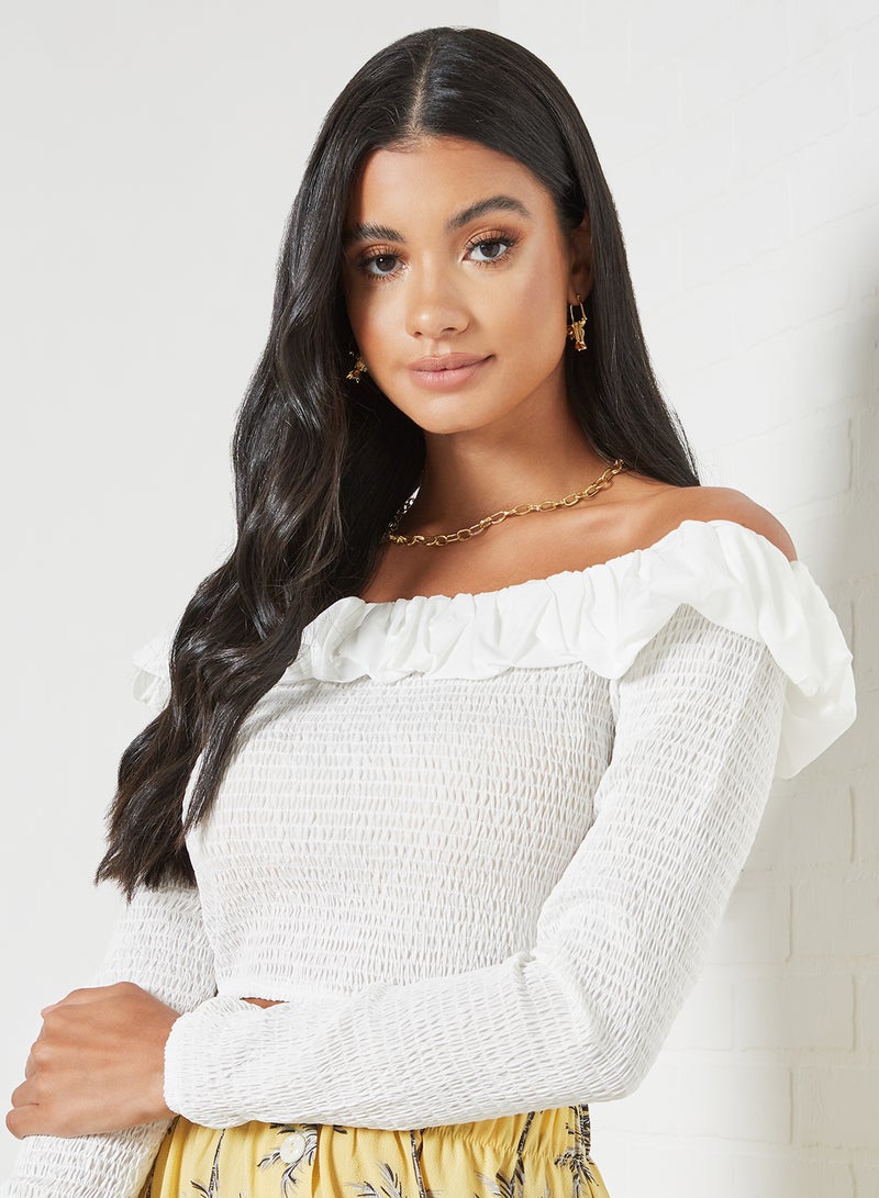NA-KD - Smocked Off Shoulder Top White - Image 1