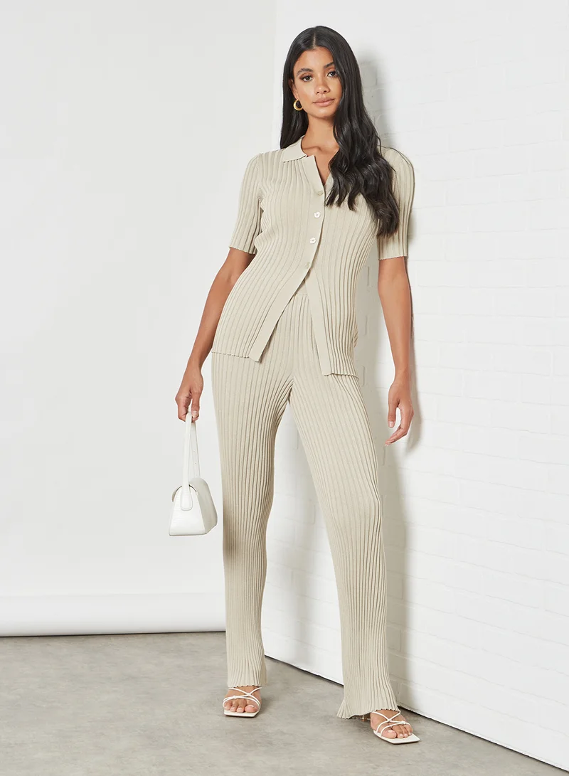 NA-KD Ribbed Knitted Pants Beige