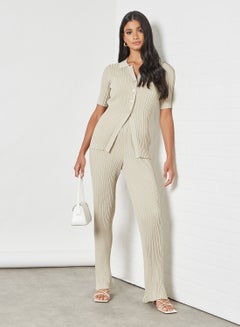 NA-KD Ribbed Knitted Pants Beige  - Image 3